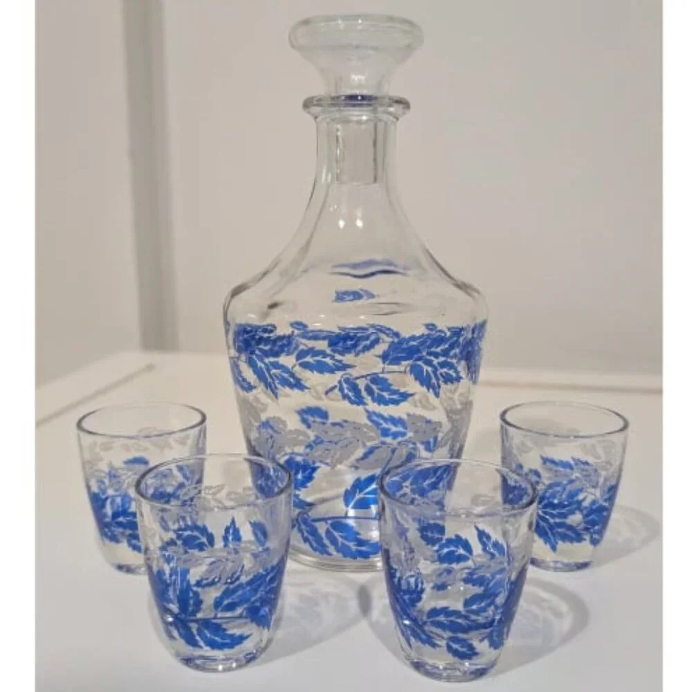 Vintage MCM Blue Silver Leaf Cordial Decanter & Shot Glass Set Luminarc France
